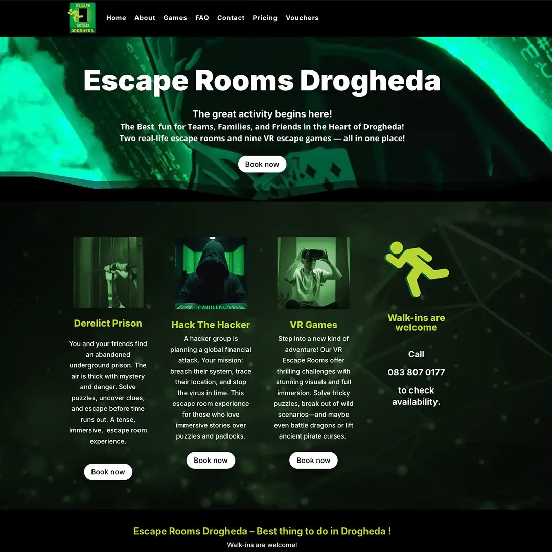 Weboldalkészítés referencia – Escape Rooms Drogheda foglalásközpontú weboldal